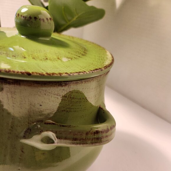Vintage De Silva Green Terracotta Bean Pot Green Glazed Covered Casserole Dish - Picture 3 of 14